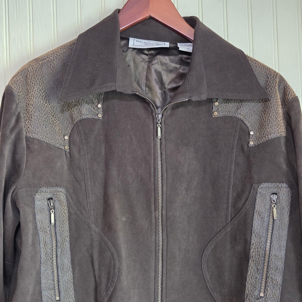 Studio‎ G Sport Jacket Womens XL Brown Microfiber Faux Suede Zip Pockets Studded